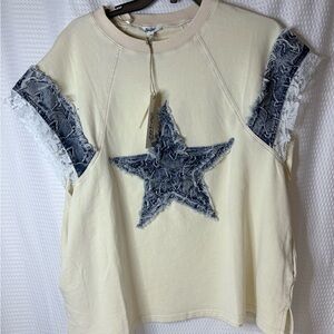 Blue Velvet Cream Tee w frayed Denim Star Appliqué Sz M